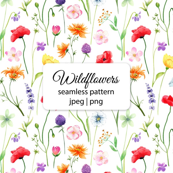 Wildflowers Seamless Pattern. Bright Meadow Flowers. Watercolor Floral Digital Paper. For Scrapbooking, Fabric, Vinyl printing. JPEG. PNG 92