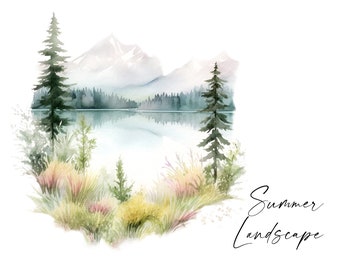 Clipart di paesaggio estivo ad acquerello, dipinto con montagne, lago, foresta di pini ed erbe di campo, paesaggio naturale, PNG/m6
