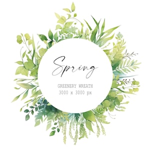 Coroa de vegetação em aquarela, clipart botânico, primavera, guirlanda de verão, guirlanda de folhagem inspirada na natureza, confecção de cartões, decoração de casa, projetos DIY