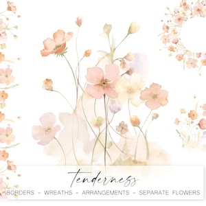 Acquerello Wildflower Clipart - Acquerello dipinto a mano - Corona - Bordi - Morbido - Colori neutri - Colori pastello, PNG, 1807