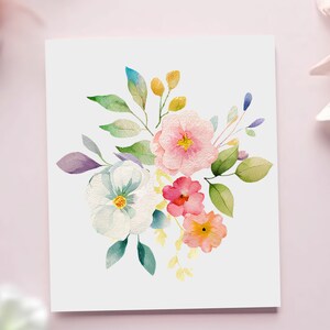 May include: A watercolor painting of a bouquet of flowers with pink, white, and yellow flowers and green leaves.