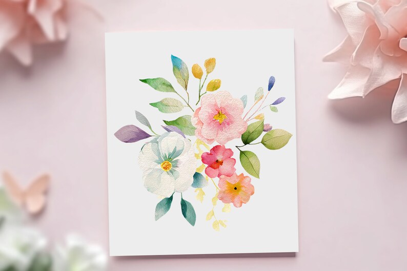 May include: A watercolor painting of a bouquet of flowers with pink, white, and yellow flowers and green leaves.
