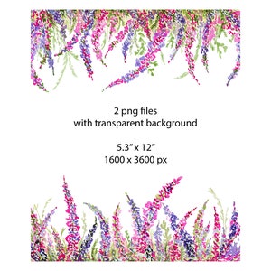 May include: Two digital images of watercolor painted purple and pink flowers with green stems. The flowers are arranged in a border pattern. The images are 5.3 inches by 12 inches and 1600 pixels by 3600 pixels.