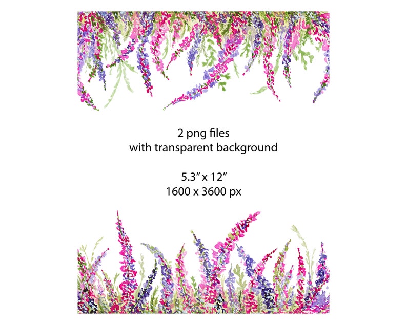 May include: Two digital images of watercolor painted purple and pink flowers with green stems. The flowers are arranged in a border pattern. The images are 5.3 inches by 12 inches and 1600 pixels by 3600 pixels.