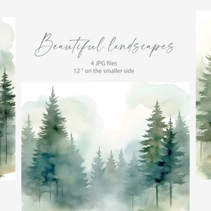 Clipart aquarelle de paysages de forêt de pins, fond de forêt, paysage naturel, impression de paysage de forêt, carte, JPG/m9