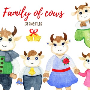 Clipart aquarela de vaca. Construtor da Família Bull. Ano do Boi. Símbolo de um ano de 2021. Touros fofos. Chá de bebê. Download digital. PNG59