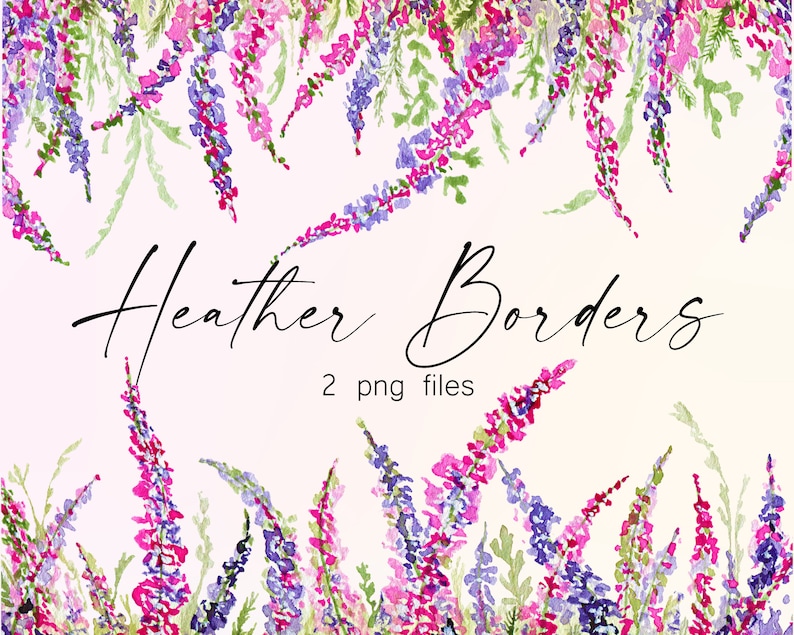May include: Two watercolor illustrations of heather flower borders. The borders are made up of purple, pink, and green flowers. The text "Heather Borders" and "2 png files" is written in black below the borders.