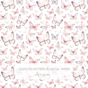 Può includere: Un motivo senza cuciture con delicate farfalle ad acquerello in tonalità rosa e grigio su uno sfondo bianco. Il motivo è perfetto per carta digitale, scrapbooking e altri progetti creativi.