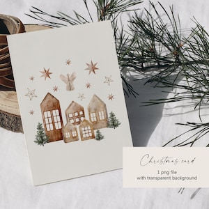 Kerstkaart, aquarel vakantie print, kersttafereel, neutrale kleuren. Rustieke kerststijl, op de natuur geïnspireerde kleuren, digitale download PNG 105
