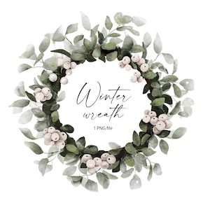 Winterkranz, Aquarell Schneebeerkranz, Evergreen, Saftgrün, Neutrale Farben.  Von der Natur inspirierte Farben, Digitaler download PNG 105_5