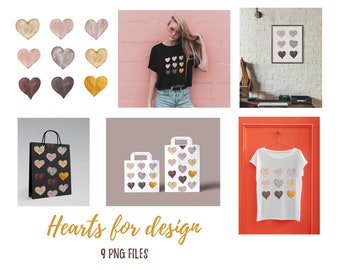 May include: Nine watercolor hearts in shades of brown, beige, and gold. The hearts are arranged in a grid pattern. The image also shows a t-shirt, tote bag, and a framed print featuring the hearts.