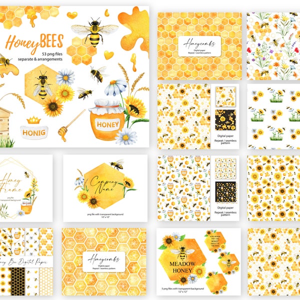 Honey Bee Bundle - Bee Seamless Pattern - HoneyBee Digital Paper - Honeybee Png - Hand-Painted Watercolor - Honey Frame Clipart - Wreath 104