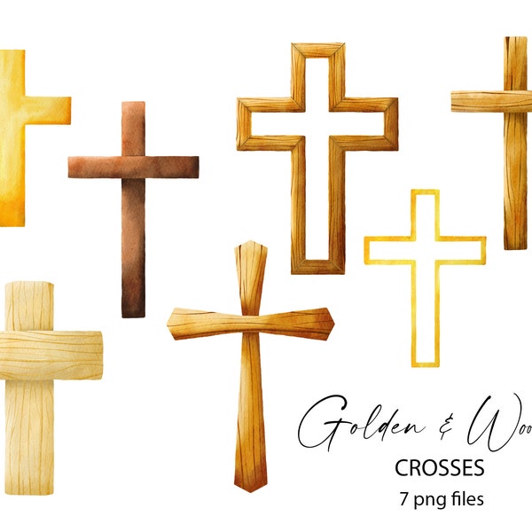 Cross Watercolor Clipart: Golden and Wooden texture.