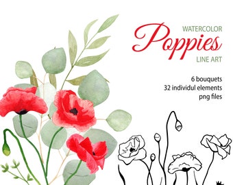 May include: Watercolor illustration of red poppies and eucalyptus leaves. The image also includes line art drawings of poppies. The text "WATERCOLOR Poppies LINE ART" is at the top of the image. The text "6 bouquets 32 individual elements png files" is at the bottom of the image.