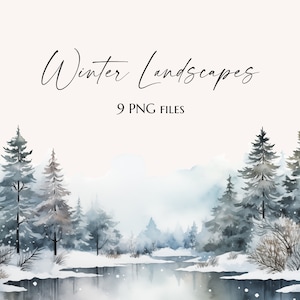 Acuarela Invierno Clipart - 9 Paisajes de Invierno - Paisaje de Invierno PNG - Bosque Nevado con Casa Lago Río - Fondo del País de las Maravillas - m151