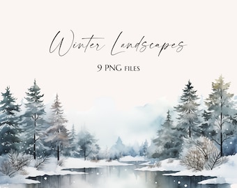 Clipart invernale ad acquerello, 9 paesaggi invernali, paesaggio invernale PNG, foresta innevata con casa sul lago e fiume, sfondo del Paese delle meraviglie, m151