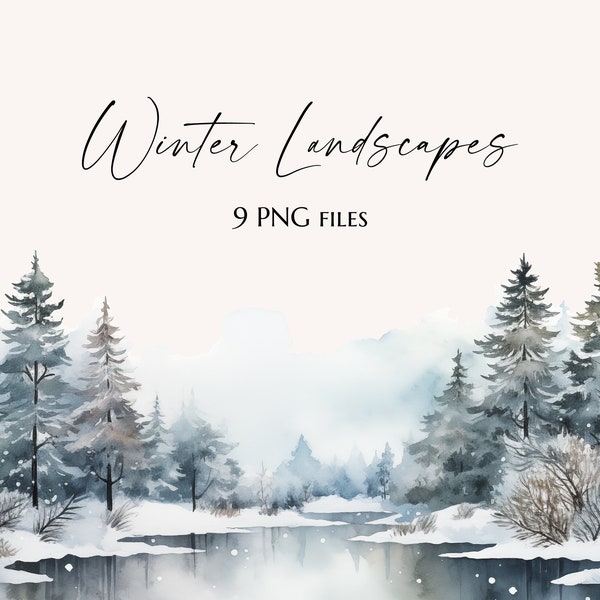 Watercolor Winter Clipart - 9 Winter Landscapes - Winter Scenery PNG - Snow Forest with House Lake River -  Wonderland Background - m151