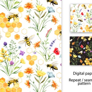 Wildflower and Bee Digital Paper, Repeat Seamless Pattern, Honeybee, Honeycomb, Floral Digital Scrapbook, Instant Download, Png, Jpg, 104_3