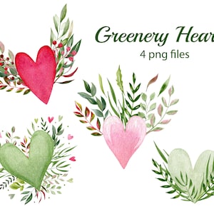 Imágenes prediseñadas de corazón de San Valentín de acuarela. Imágenes prediseñadas románticas. Corazones verdes. Corazones ecológicos. Corazones de follaje. Descarga instantánea de archivos. 76