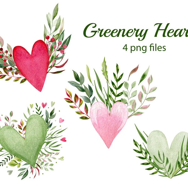 Watercolor Valentine Heart Clipart. Romantic clipart. Greenery Hearts. Eco Friendly Hearts. Foliage hearts. Instant File Download. 76