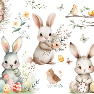 Clipart di Pasqua - Clipart coniglietti acquerello - Colori neutri - Coniglio carino - Uova - Uccelli - Fiori - Nursery Spring Clipart - PNG