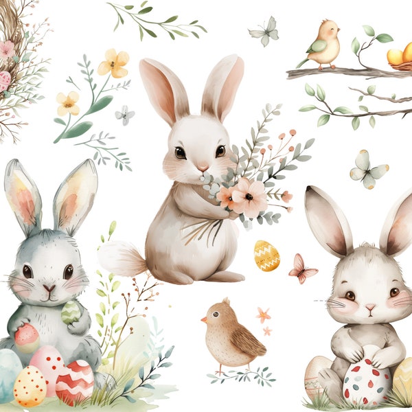 Easter Clipart - Watercolour Bunnies Clipart - Neutral Colours - Cute Rabbit - Eggs - Birds - Flowers - Nursery Spring Clipart - PNG