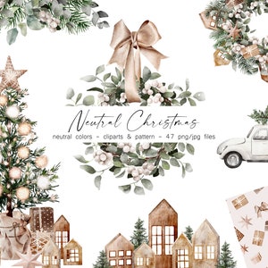 Watercolor Neutral Christmas clipart, Aesthetic, Rustic Xmas Style, Winter weddings, Nature-inspired colors, Digital download PNG 105