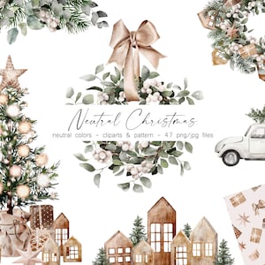 Clipart natalizie neutre ad acquerello, estetica, stile natalizio rustico, matrimoni invernali, colori ispirati alla natura, download digitale PNG 105