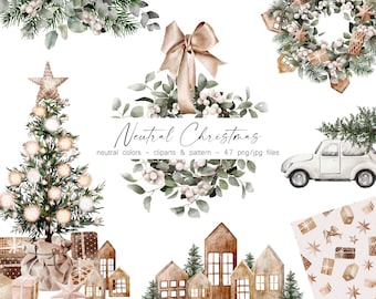 May include: A watercolour illustration set featuring neutral coloured Christmas elements, including a Christmas tree, houses, a car, a wreath, and a gift wrapping pattern. The set includes 47 PNG and JPG files.