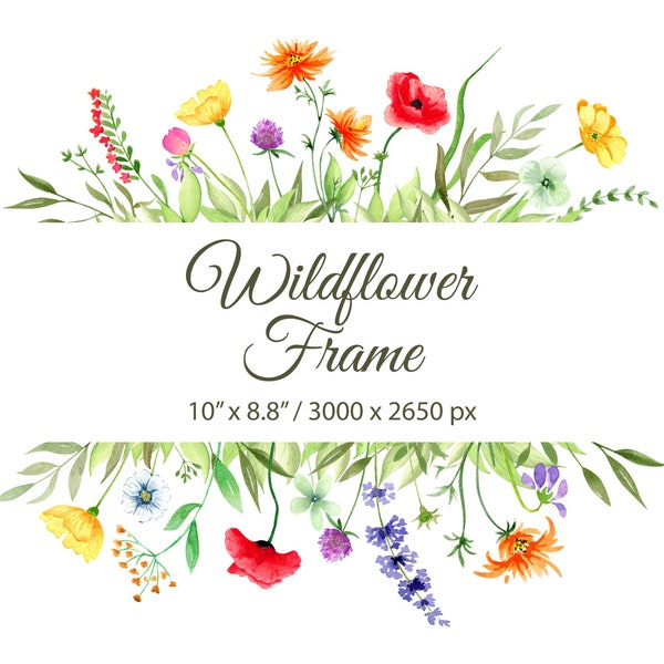 Watercolor Wildflowers Frame clipart. Botanical Floral Frame. Bright Flowers. Delicate Field Floral Frame. Instant File Download. Png. 92