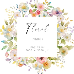 Watercolor Floral Frame, Floral Clipart, Soft Joyful Colors, Summer Flowers Frame, Wedding Invitation, Baby Shower Card, PNG / m4