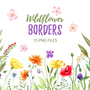 Watercolor Wildflower Borders. Field Floral Frames. Meadow Floral clipart. Bright Flowers. Spring Summer Flowers, Instant File Download, 92