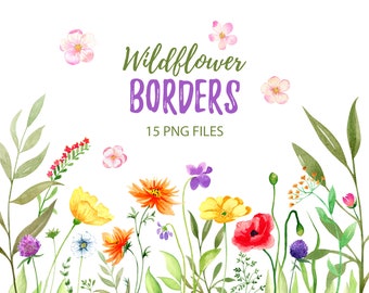 Watercolor Wildflower Borders. Field Floral Frames. Meadow Floral clipart. Bright Flowers. Spring Summer Flowers, Instant File Download, 92