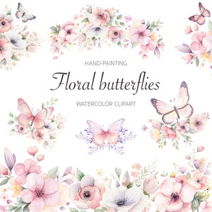 Bloemen vlinder aquarel clipart PNG - bloemen vlinderarrangementen - bloemenrand - handgetekend - vlinders PNG - zomerbruiloft - b1