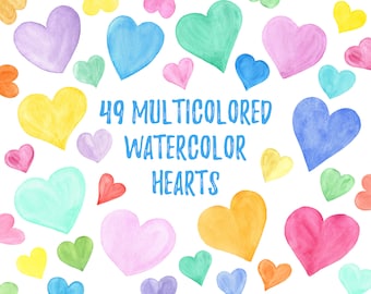 May include: 49 multicolored watercolor hearts. The hearts are painted in various shades of pink, blue, yellow, and green.