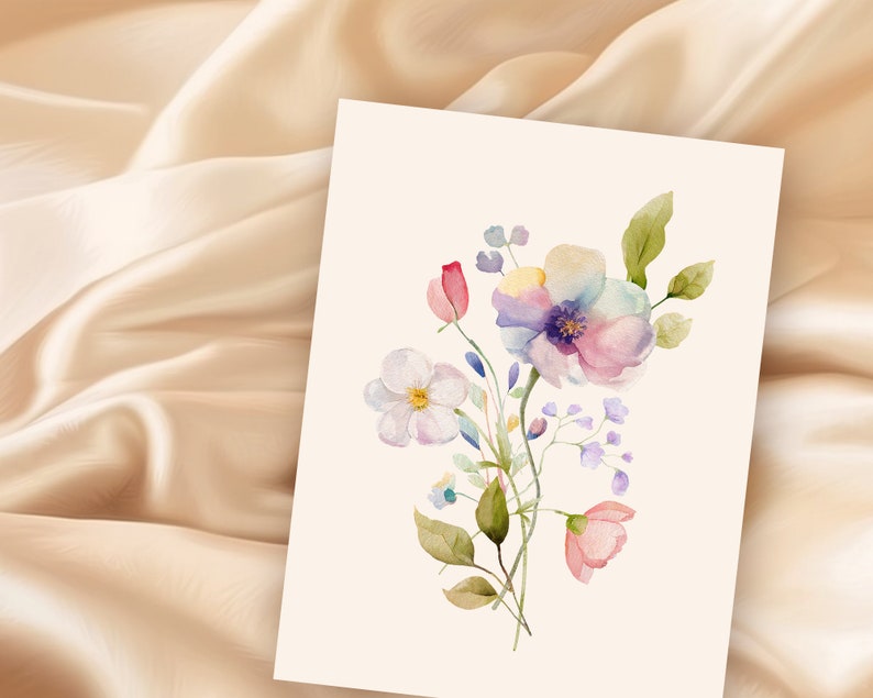 May include: A watercolor painting of a bouquet of flowers with pink, white, and purple blooms. The flowers are arranged in a loose, natural style, and the background is a soft, white.