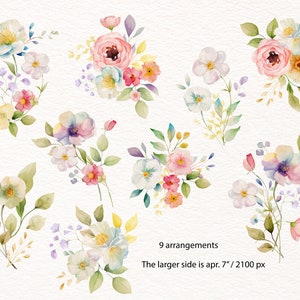 May include: Nine watercolor floral arrangements featuring pink, white, yellow, and blue flowers with green leaves. The larger side is approximately 7 inches or 2100 pixels.
