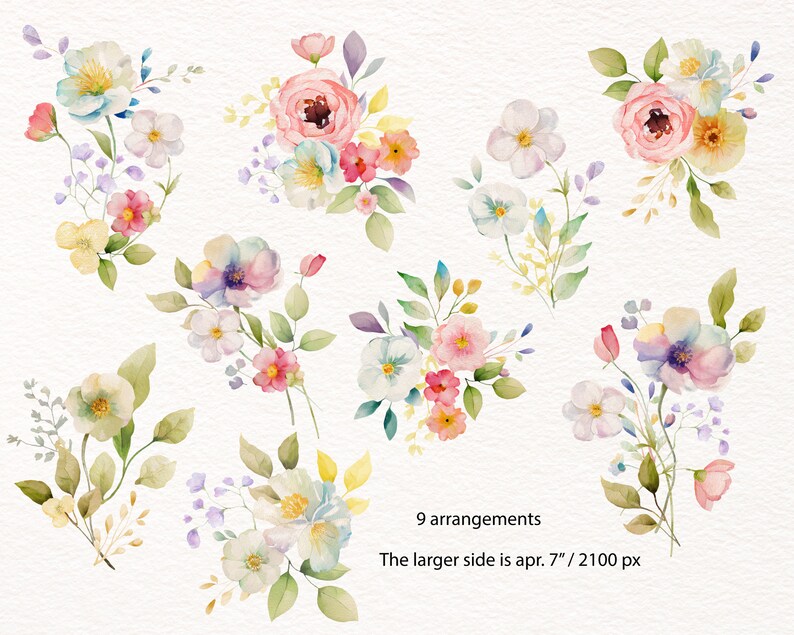 May include: Nine watercolor floral arrangements featuring pink, white, yellow, and blue flowers with green leaves. The larger side is approximately 7 inches or 2100 pixels.
