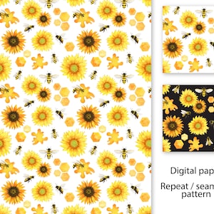 May include: A seamless pattern featuring watercolor illustrations of sunflowers, bees, and honeycombs. The pattern is available in two color variations: white background with yellow accents and black background with yellow accents. The text "Digital paper Repeat / seamless pattern" is included in the image.