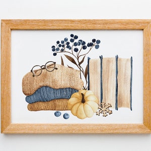 Ilustración de libros, punto y calabaza. Imágenes prediseñadas de acuarela. Arte de pared imprimible. Descarga digital. Invierno, Tarjeta de temporada de otoño, Png / 001