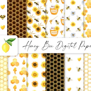 Può includere: Un set di 10 carte digitali con tema di api e miele. Le carte includono motivi di favi, girasoli, api, limoni e barattoli di miele. Il testo "Honey Bee Digital Paper" è incluso nell'immagine.