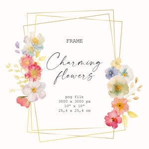 Moldura floral aquarela, cores alegres, moldura dourada com flores multicoloridas vibrantes, tendência, convites de casamento, cartões comemorativos / m4
