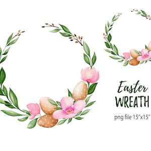 Ghirlanda di Pasqua con uova di fiori. Clipart floreale dell'acquerello di Estere. Fiori rosa, verde, uova marroni. Png, download istantaneo del file