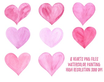 May include: Eight watercolor hearts in shades of pink, perfect for digital scrapbooking, invitations, or other craft projects.  8 HEARTS PNG FILES WATERCOLOR PAINTING HIGH RESOLUTION 300 DPI