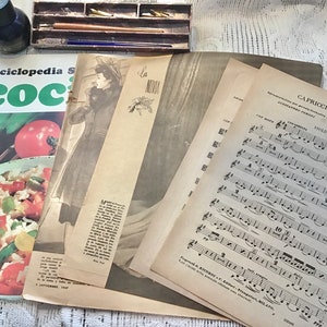 Paquete de páginas de libros vintage en venta, antigüedades de finales de 1800 a mediados de 1900, revista de cocina, encajes y adornos, diarios basura, álbumes de recortes, collage de arte