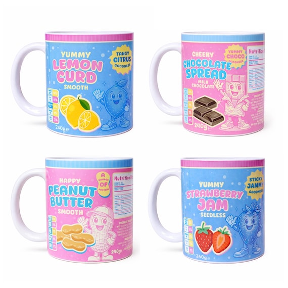 Novelty Food Label Mug – Jam, Peanut Butter, Chocolate & Lemon Curd Designs – Cute Funny Coffee Mug – Foodie Gift – Retro Kitchen Mug