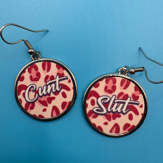Swear word naughty pair of earrings with pink leopard print design. Choice of 6. C U Next Tuesday, feral