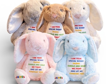 Gepersonaliseerde Worry Bunny-knuffel, comfortspeelgoed voor kinderen: een zorgvriend met een aangepaste boodschap op de voet gedrukt. Moed, angst, troostcadeau