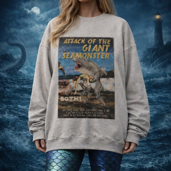 Vintage Horror Seamonster Sweatshirt – Retro Sea Monster Movie Poster Jumper – Unisex Crew Neck Pullover – Oversized Streetwear Top