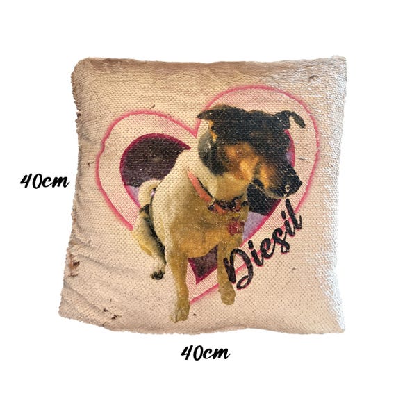 personalised sequin reveal cushion of your pet. 6 colours to choose from. 40x40cm